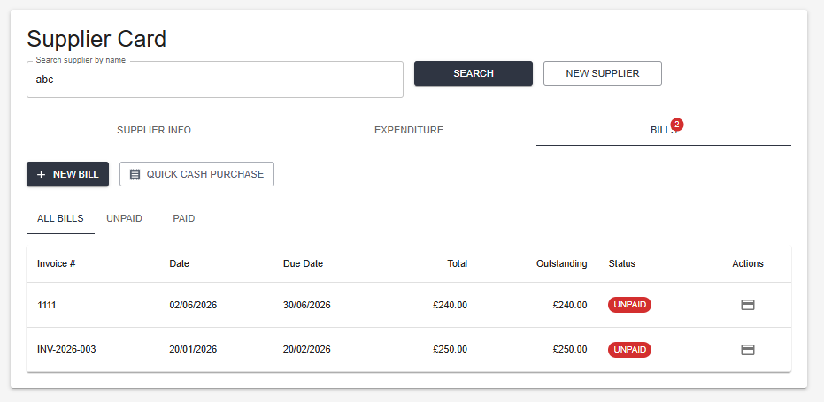 Supplier Card — Bills tab, showing two unpaid invoices for the same supplier