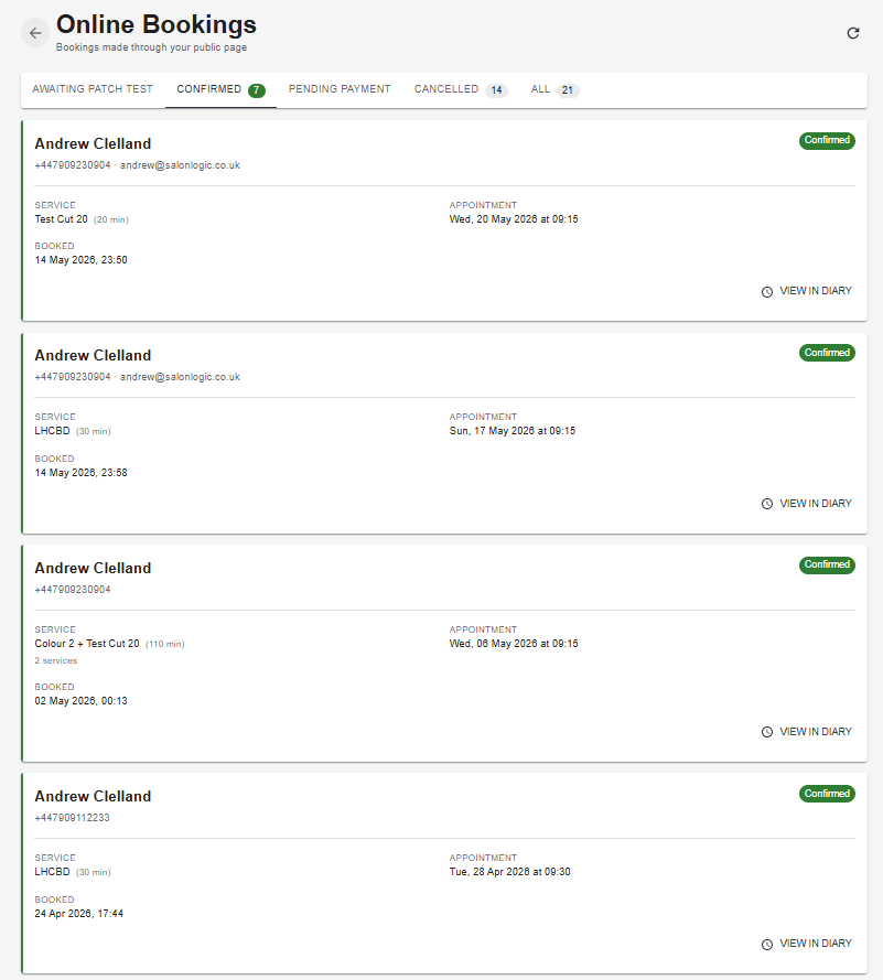 Confirmed bookings — service, appointment time, and booking date