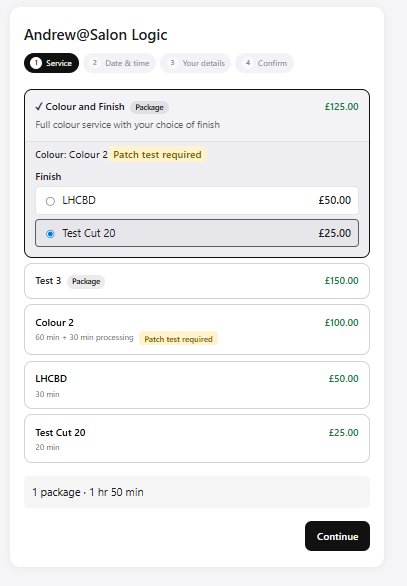 Package with slot selected — price resolved and Continue now active
