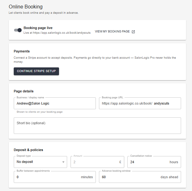 Booking Settings — slug, deposit settings, and cancellation window