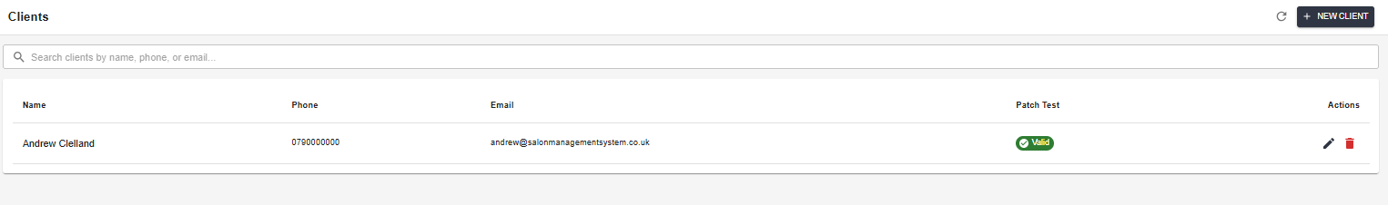 Clients — name, phone, email, and live patch test status