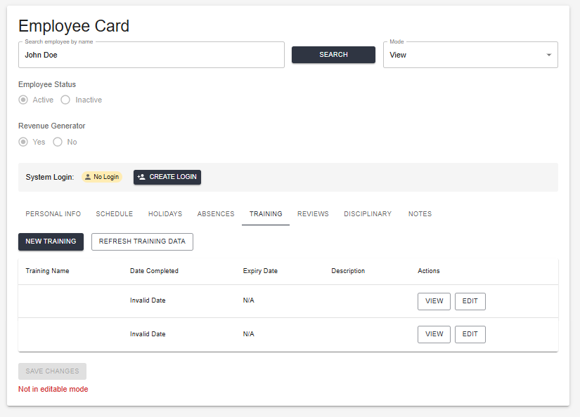 Employee card — Training tab