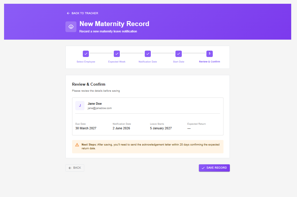 Maternity — confirmation after saving a new record