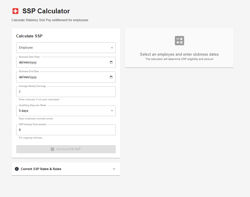 SSP Calculator — employee, sickness dates, average weekly earnings, qualifying days, and SSP already paid