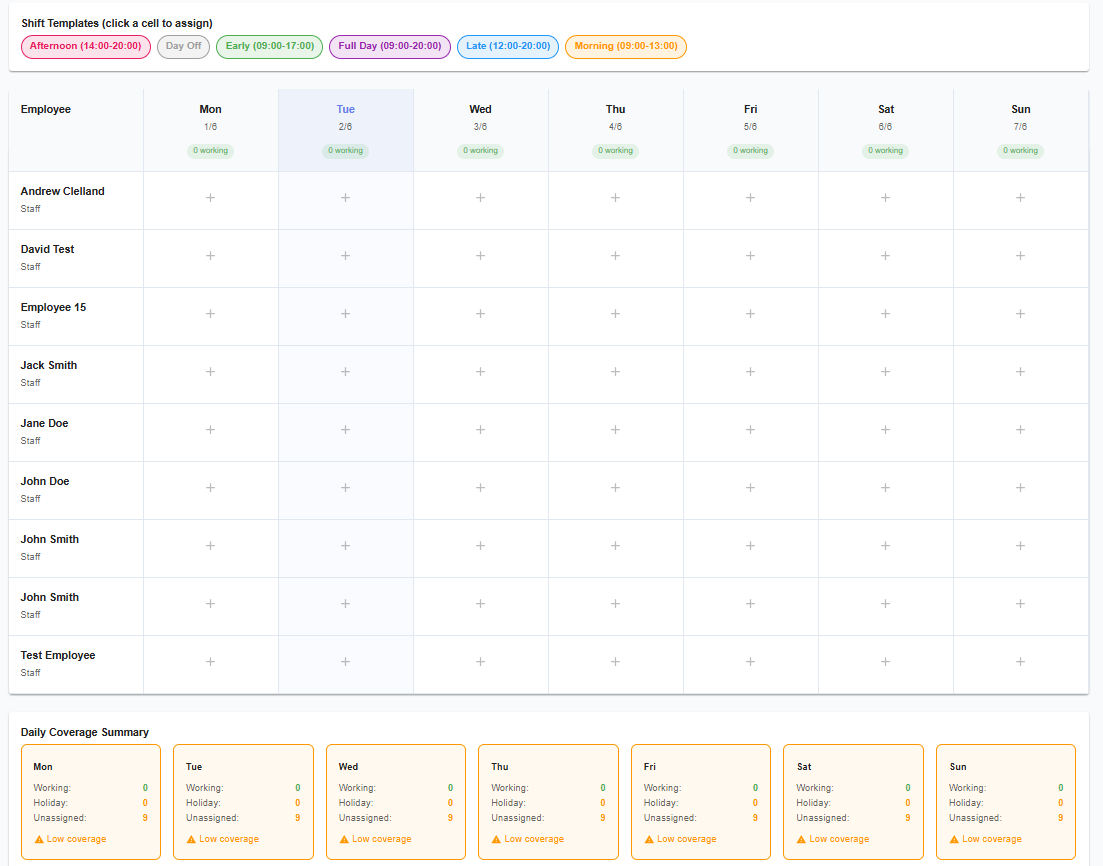 Staff Rota dashboard — week view with day columns, coverage warnings, and quick actions