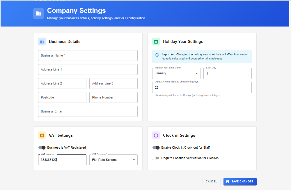 Settings → Company Info — your trading details
