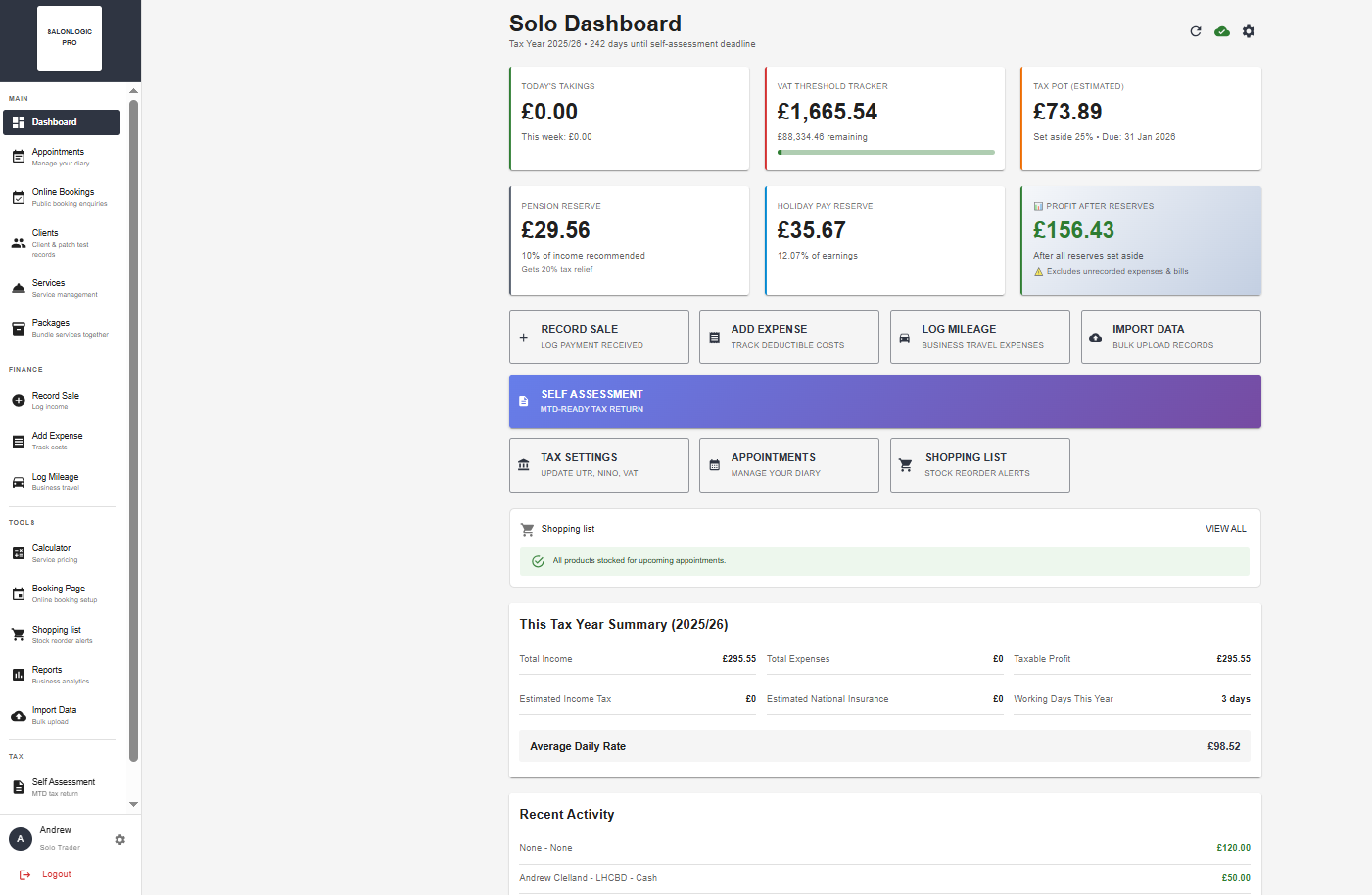 Solo Dashboard — live financial snapshot updated as you record each sale