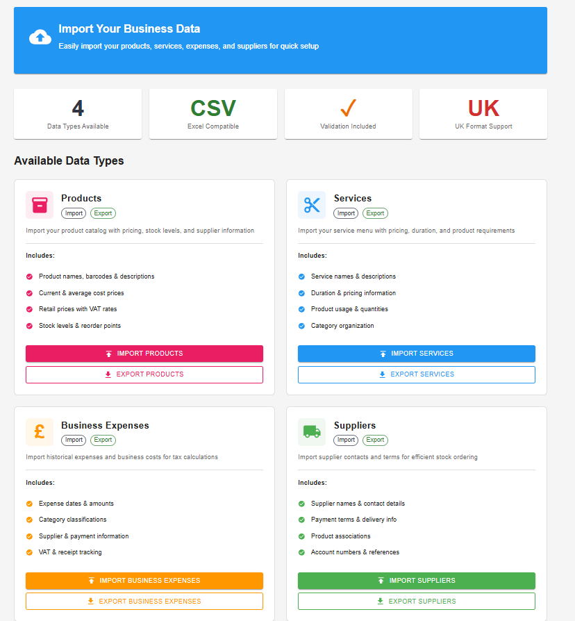 Import Data — products, services, expenses, and suppliers via CSV
